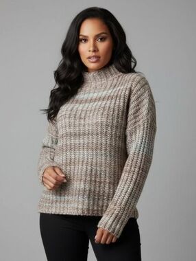 Marled Mock Neck Brown & Blue Chunky Knit Sweater L